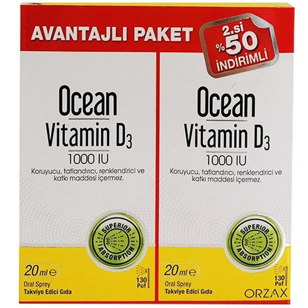 Orzax Ocean Vitamin D3 Spray 1000 IU 20 ML Advantage Package of 2