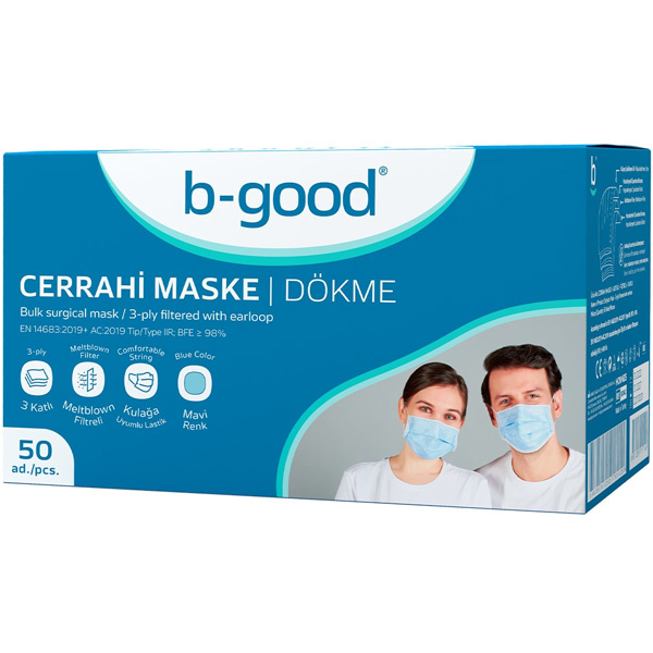 B Good Filtered 3 Ply Surgical Mask Single 50 Pcs