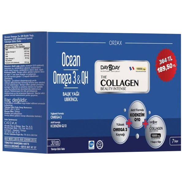 Orzax Ocean Omega 3 QH 30 Kapsül + Day2Day The Collagen Beauty Intense 7 Saşe
